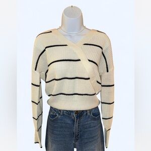 Striped V-Neck Sweater - Cream and Black
